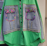 DIY Grün Peter Pan Kragen Falsche Zwei Stücke Patchwork Denim Tops Langarm
